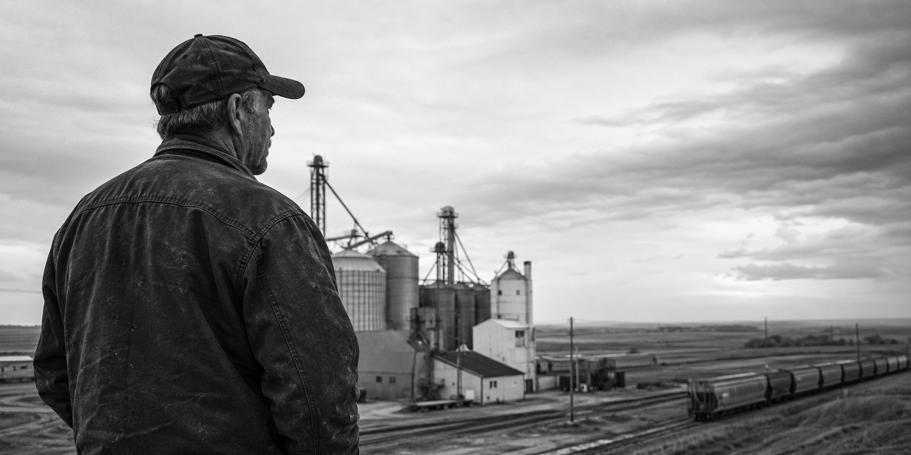 A worker overlooking grain silos and a Midwestern rail landscape